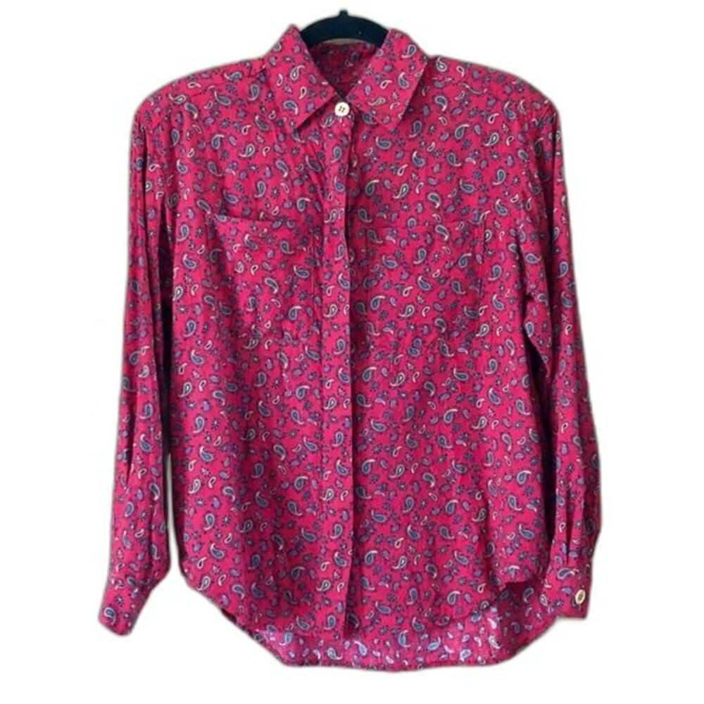 Vintage Liz Sport Red Paisley Button Up Long Sleeve Shirt Size Petite P (XS)